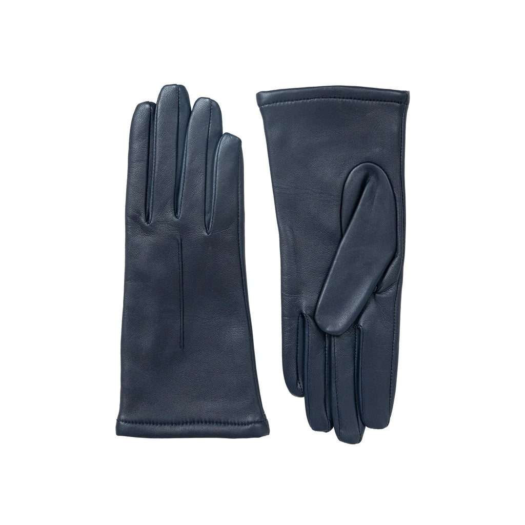 Pair of dark blue leather gloves on a white background