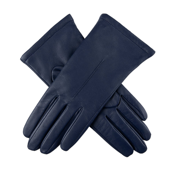 Pair of navy blue gloves on a white background