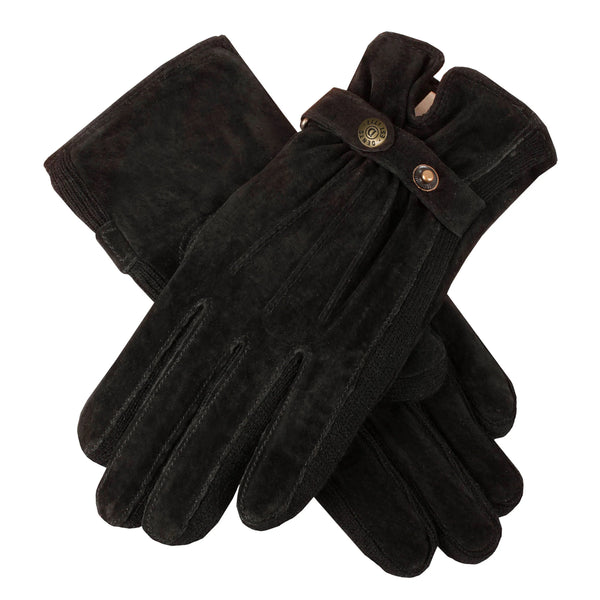 Pair of black gloves with button details on a white background