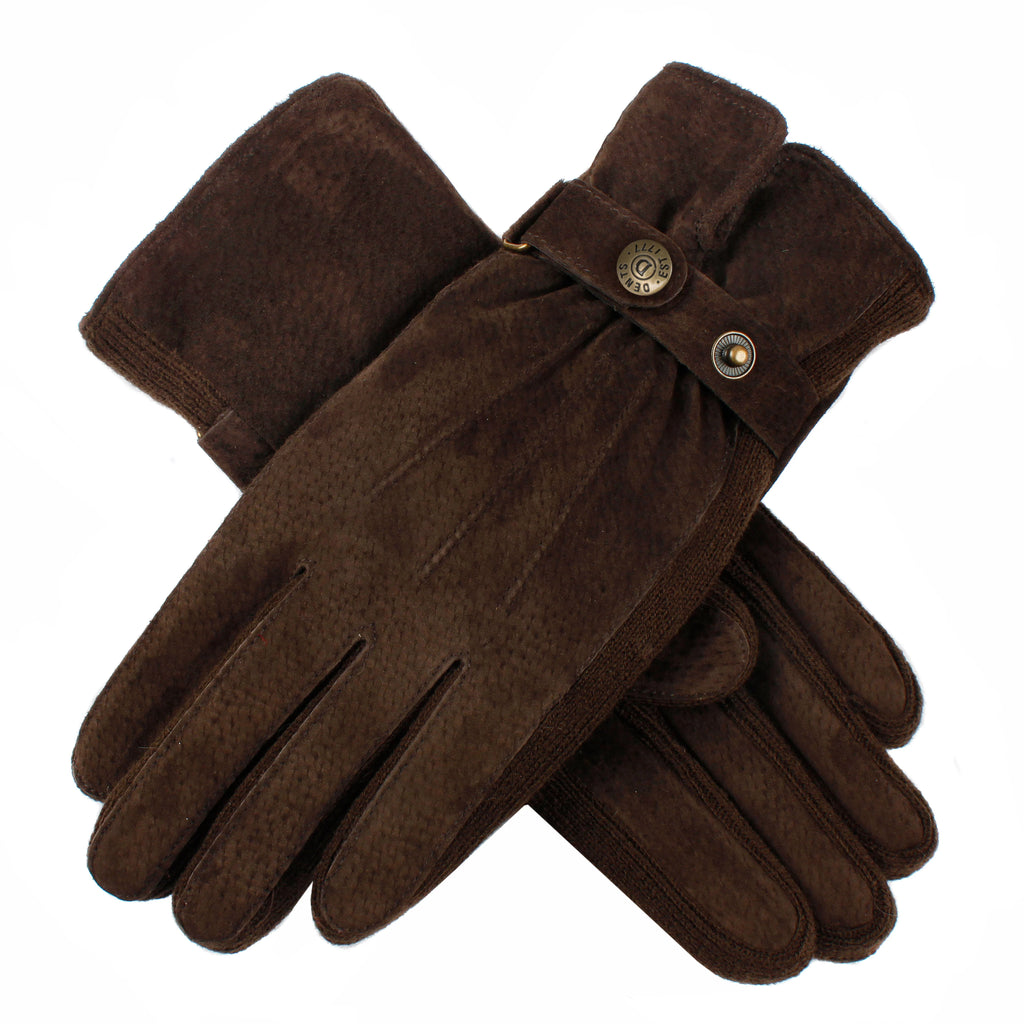 Pair of brown gloves with button details on a white background