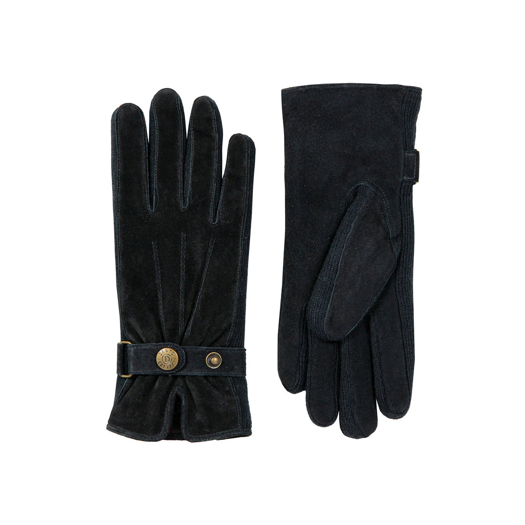 Pair of black gloves with a decorative button on a white background
