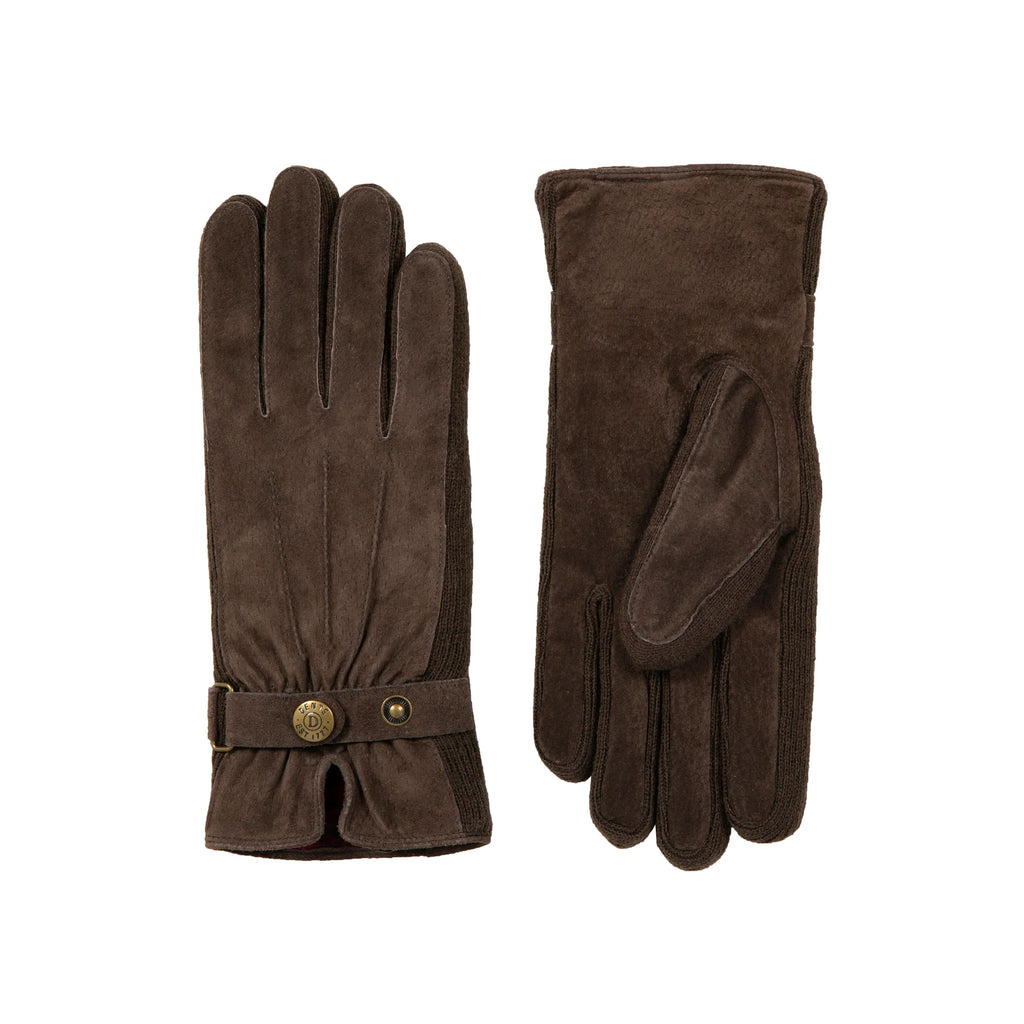 Pair of brown suede gloves with a button on a white background
