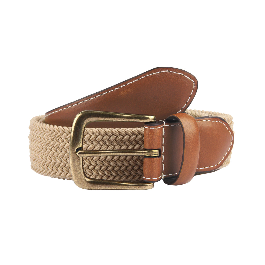 Braided belt with brown leather accents and brass buckle on a white background