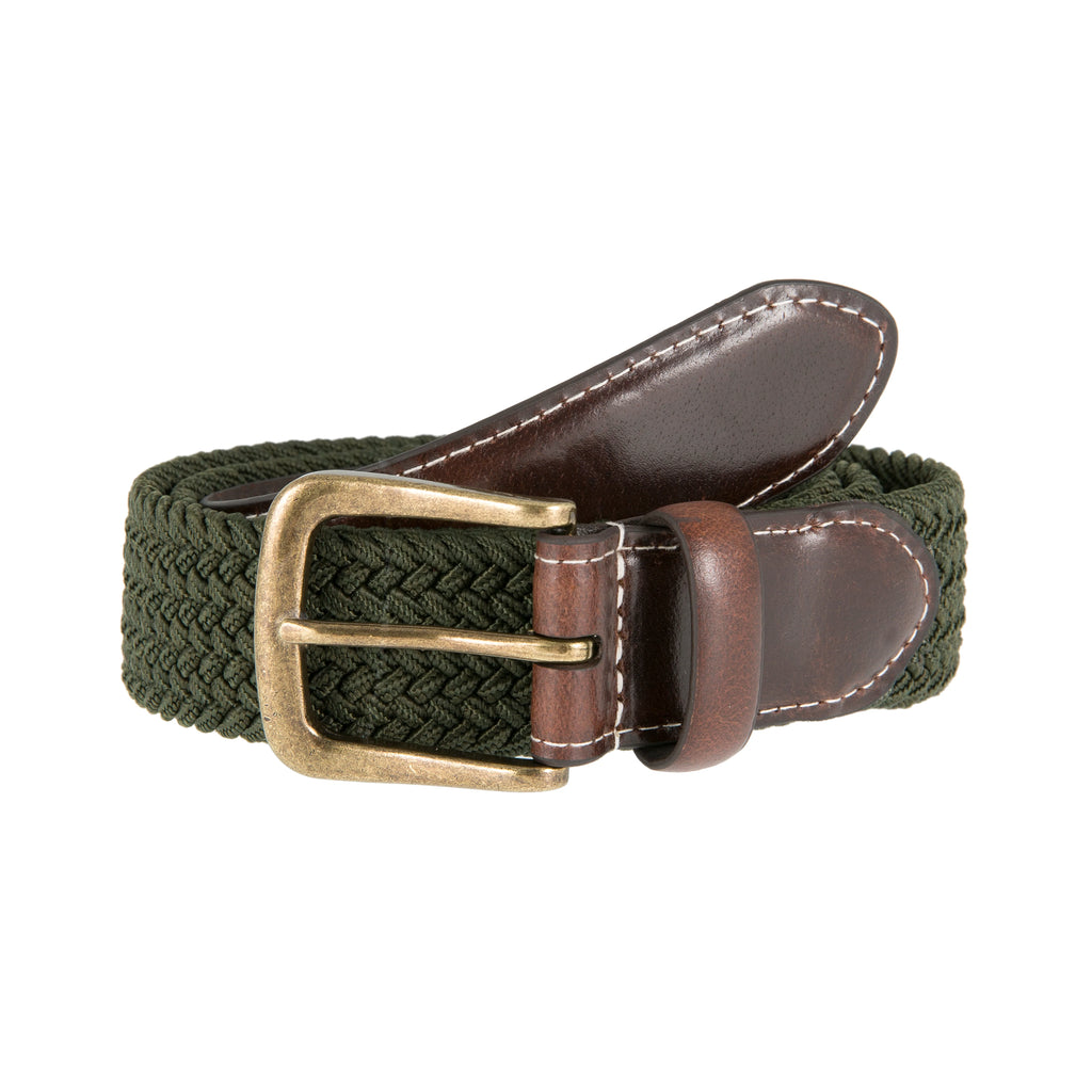 Green woven belt with brown leather accents and brass buckle on a white background