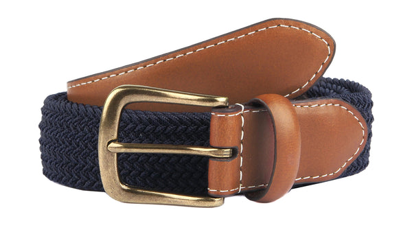 Navy braided belt with brown leather tab and gold buckle on a white background