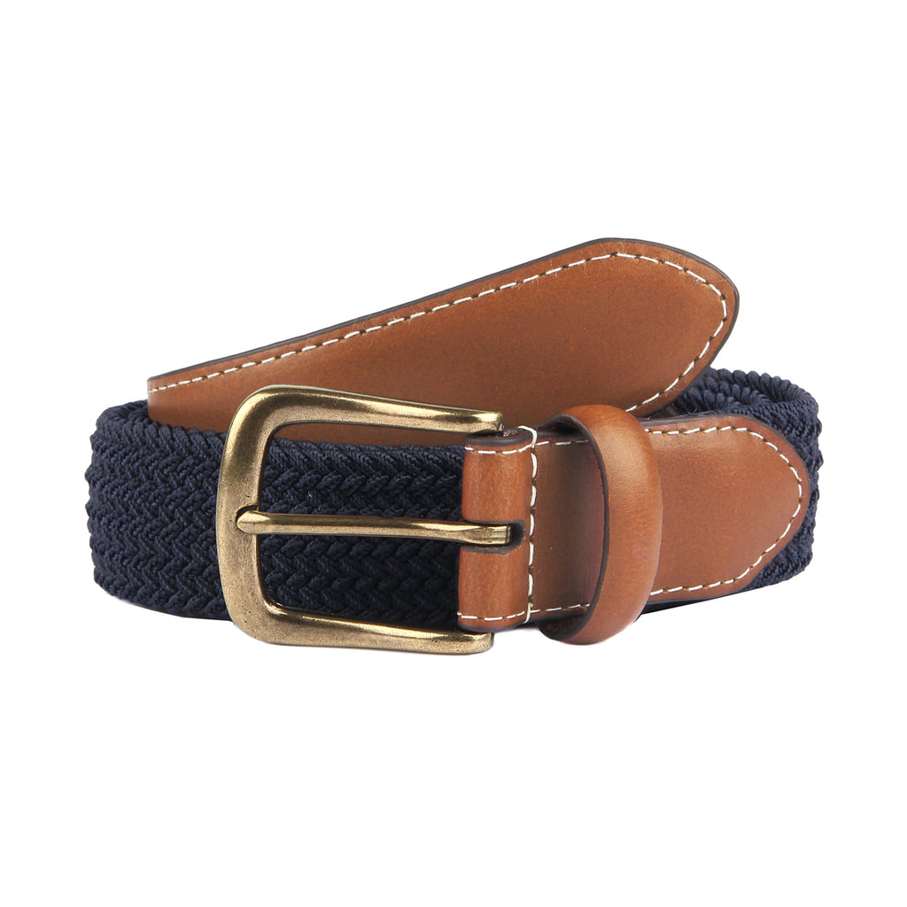 Navy braided belt with brown leather tab and gold buckle on a white background